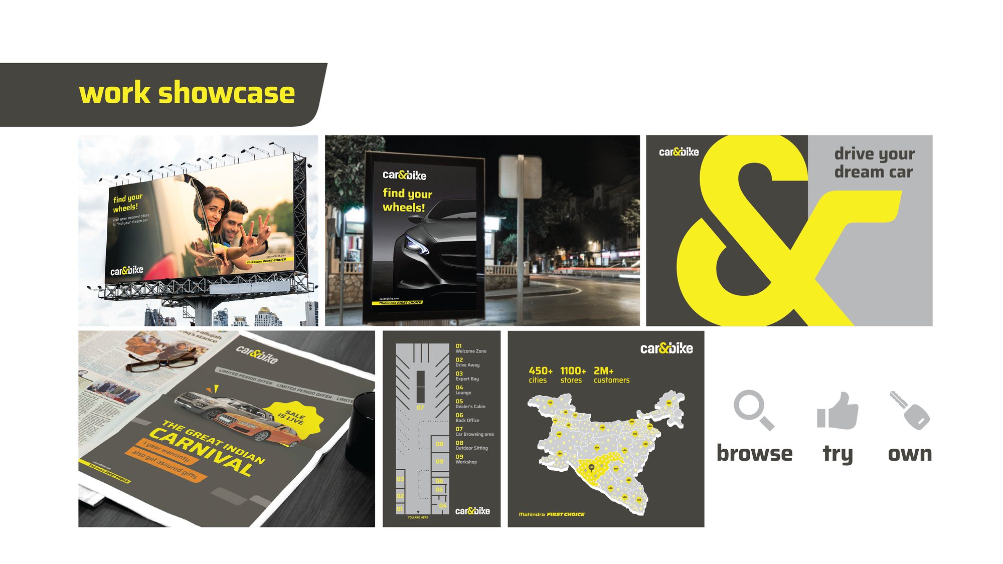 car&bike billboard, bus-stop poster, print ad and store wayfinding map