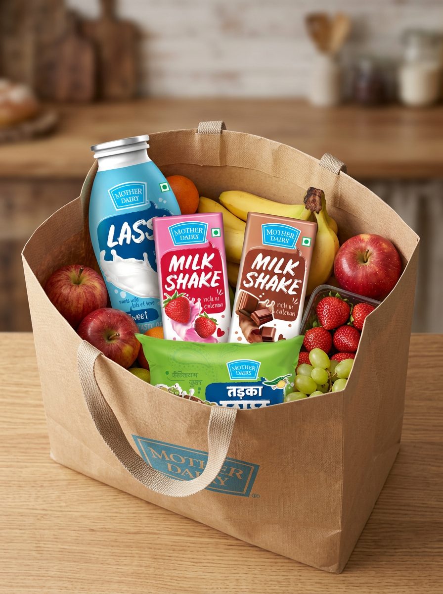 Mother Dairy grocery bag imagery