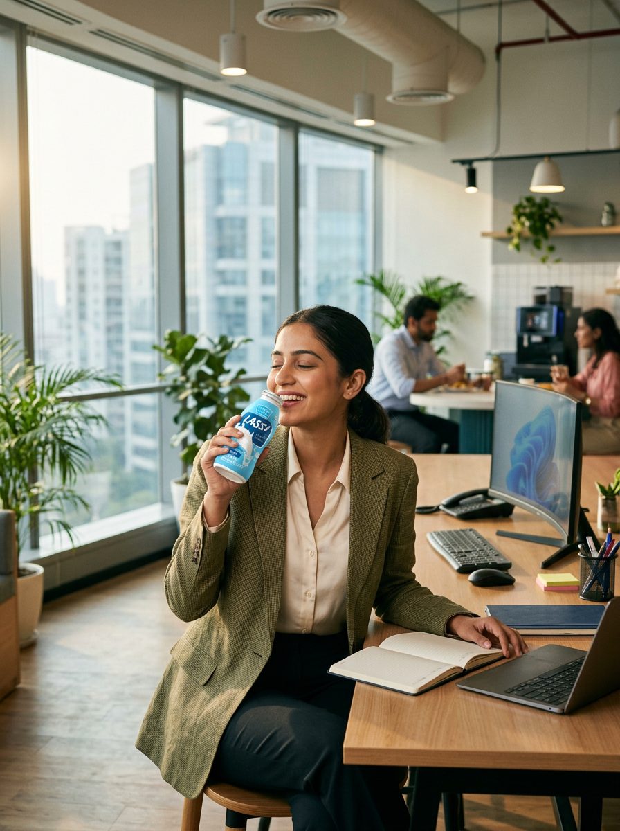Woman drinking Mother Dairy lassi