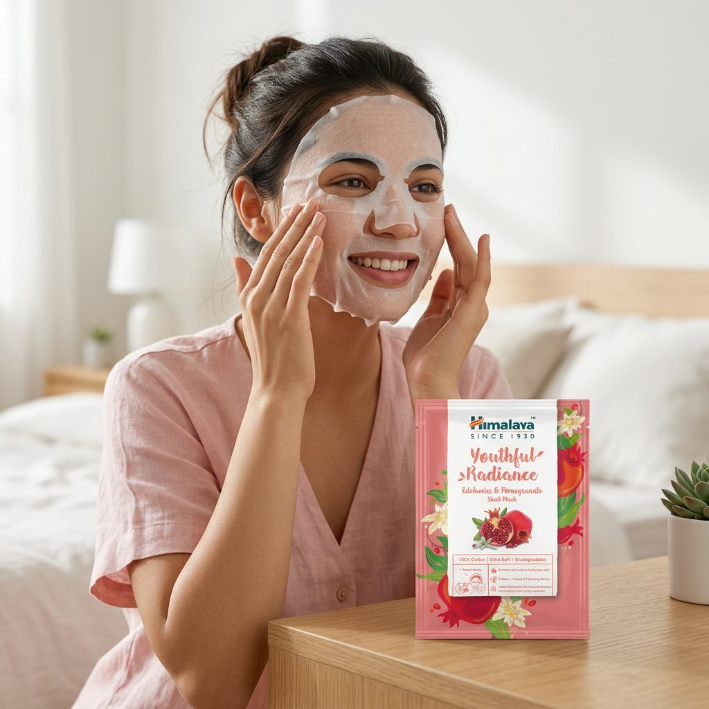 Illustration of woman applying Himalaya sheet mask